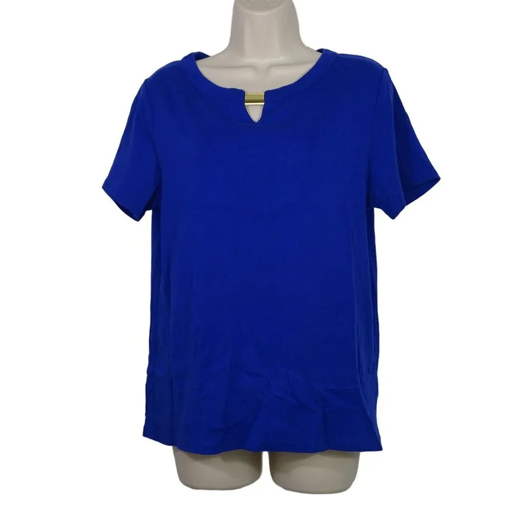 Rafaella Studio Blue Keyhole Ribbed Knit Top Women Size L Short Sleeve Cotton